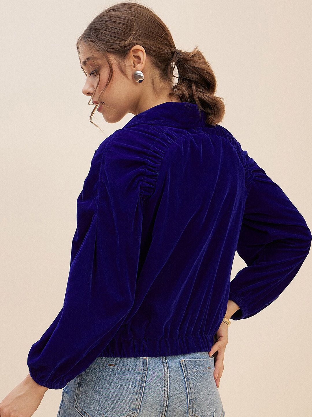 Antheaa Blue Lapel Collar Long Sleeves Velvet Bomber Jacket