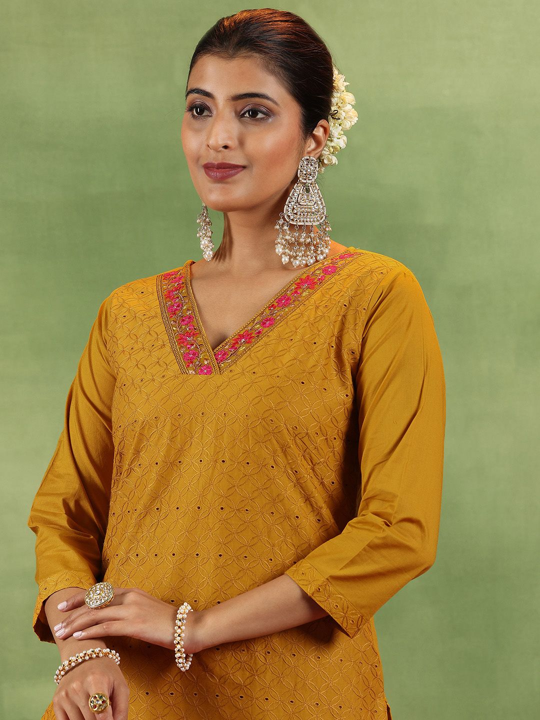 Libas Mustrad Yellow Floral Embroidered Schiffli Cotton Kurta With Trousers & Dupatta