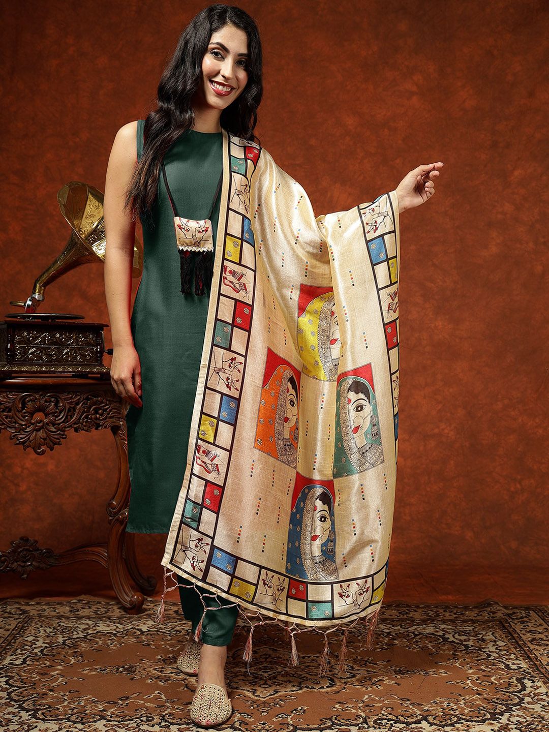 KALINI Printed Straight Kurta & Trousers With Dupatta