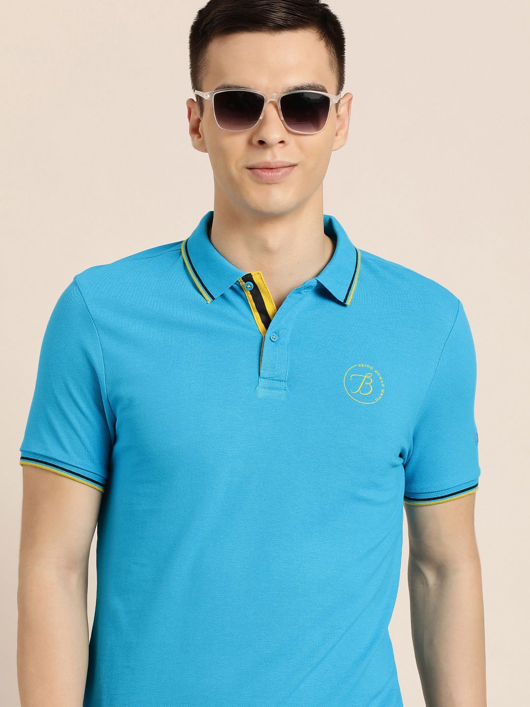 Being Human Men Blue Polo Collar Indigo Pure Cotton Slim Fit T-shirt With Brand Logo Print