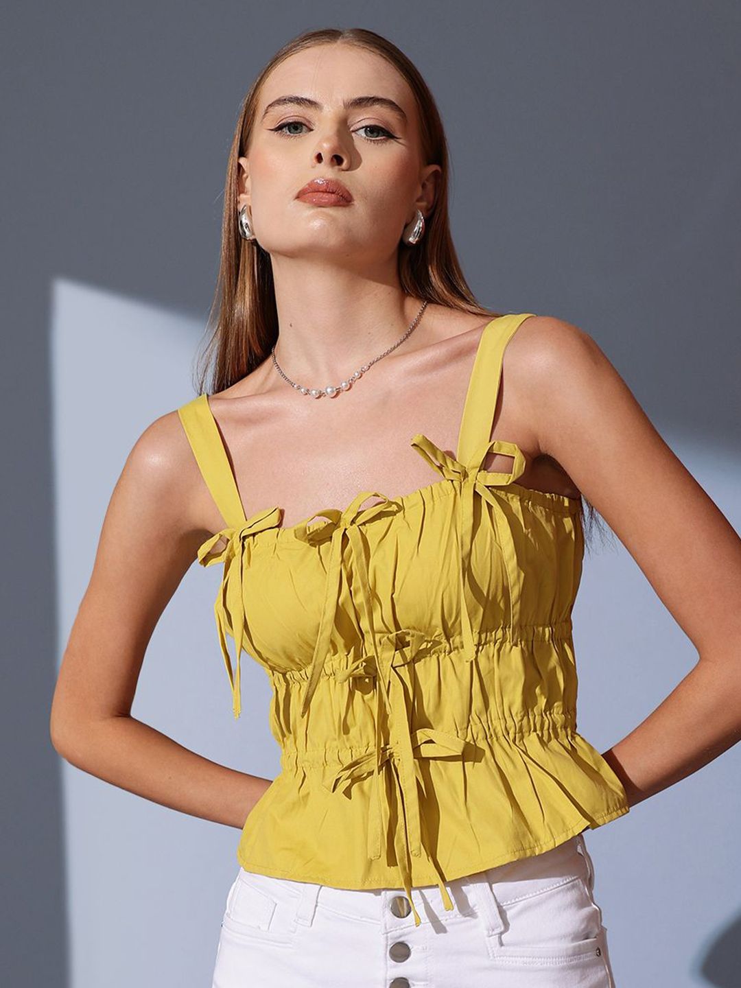 STREET 9 Sleeveless Pure Cotton Cinched Waist Crop Top