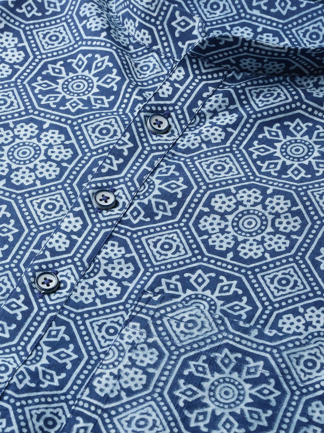 See Designs Men Navy Blue & White Handloom Handblock Print Sustainable Straight Kurta
