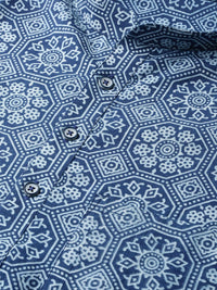 See Designs Men Navy Blue & White Handloom Handblock Print Sustainable Straight Kurta