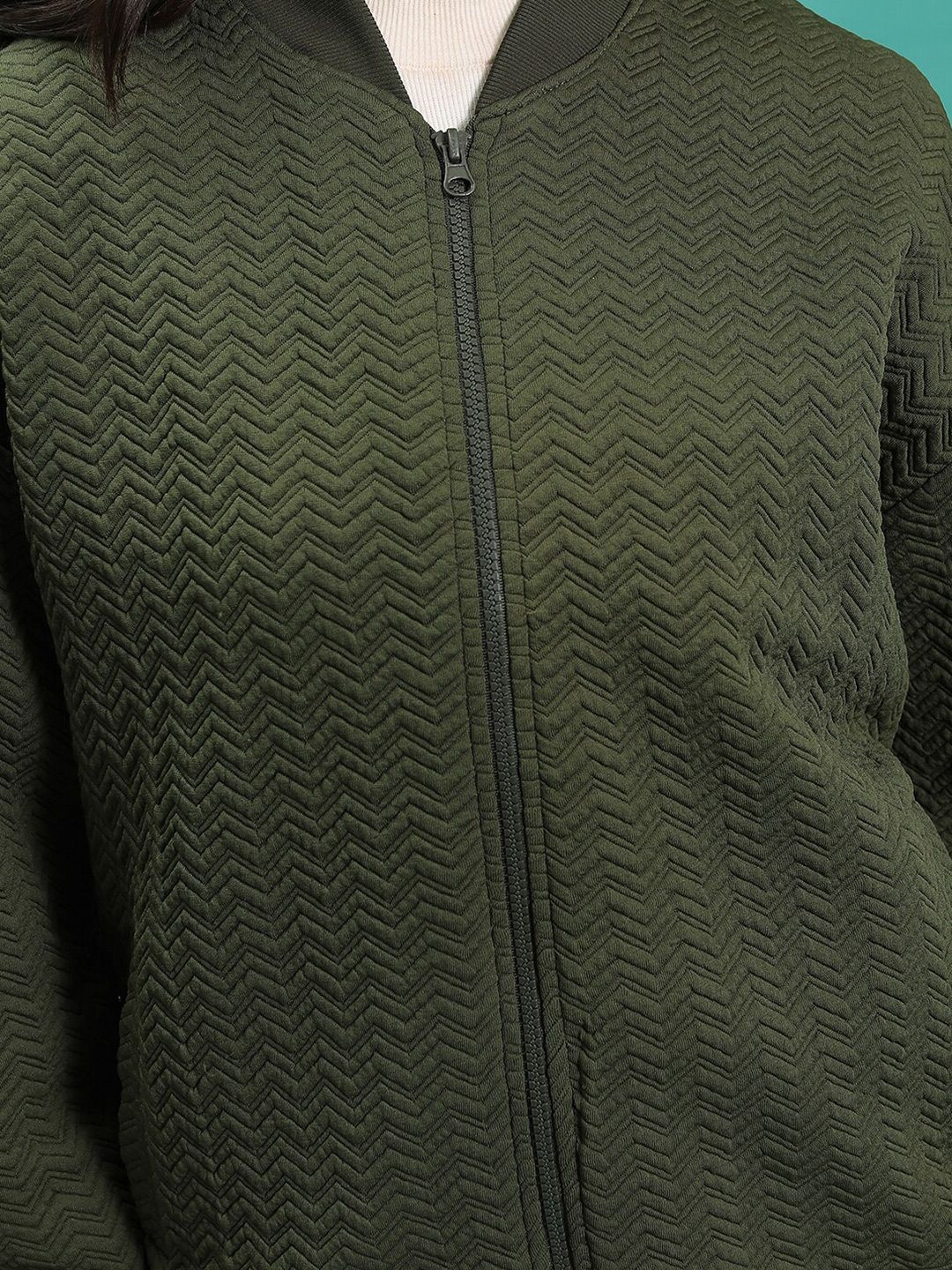 Tokyo Talkies Green Self Design Stand Collar Bomber Jacket