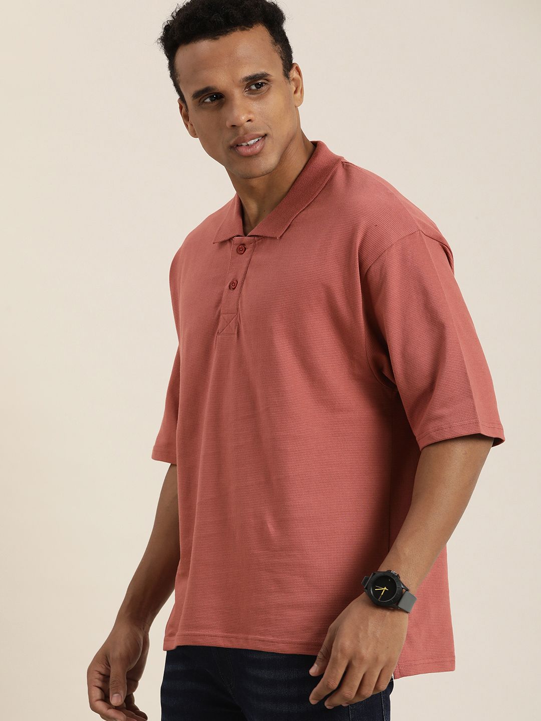 DILLINGER Men Solid Honeycomb Structure Oversized Cotton Polo T-Shirt