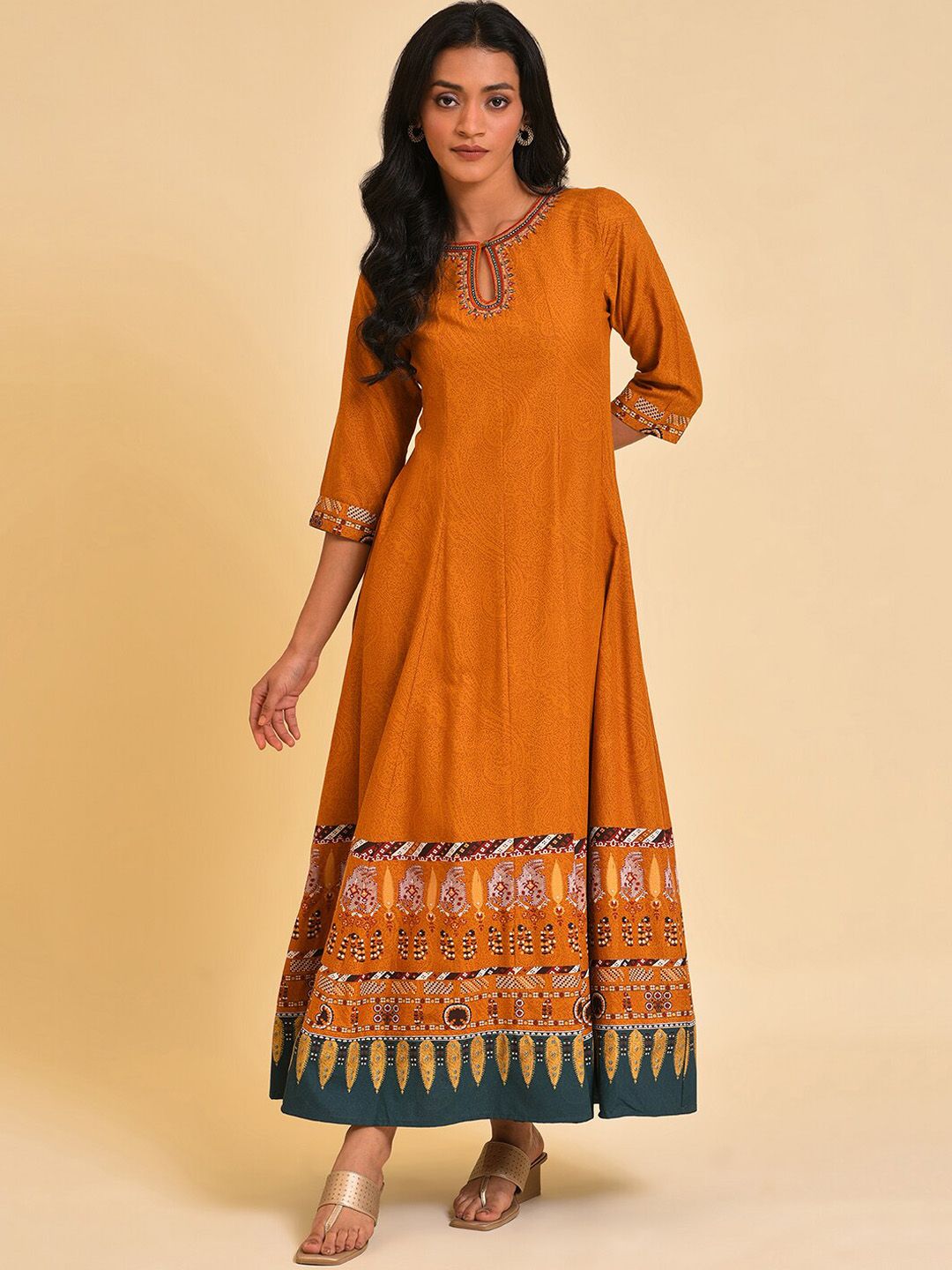 W Keyhole Neck Ethnic Motifs Printed Embellished A-Line Ethnic Dress