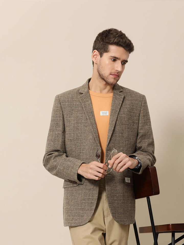 Mr. Bowerbird Men Brown Tailored-Fit Tartan Checked Single Breasted Casual Blazer