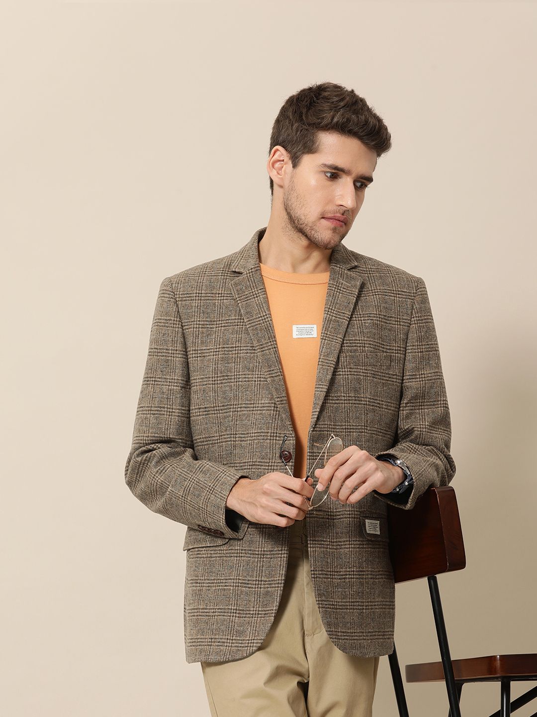 Mr. Bowerbird Men Brown Tailored-Fit Tartan Checked Single Breasted Casual Blazer