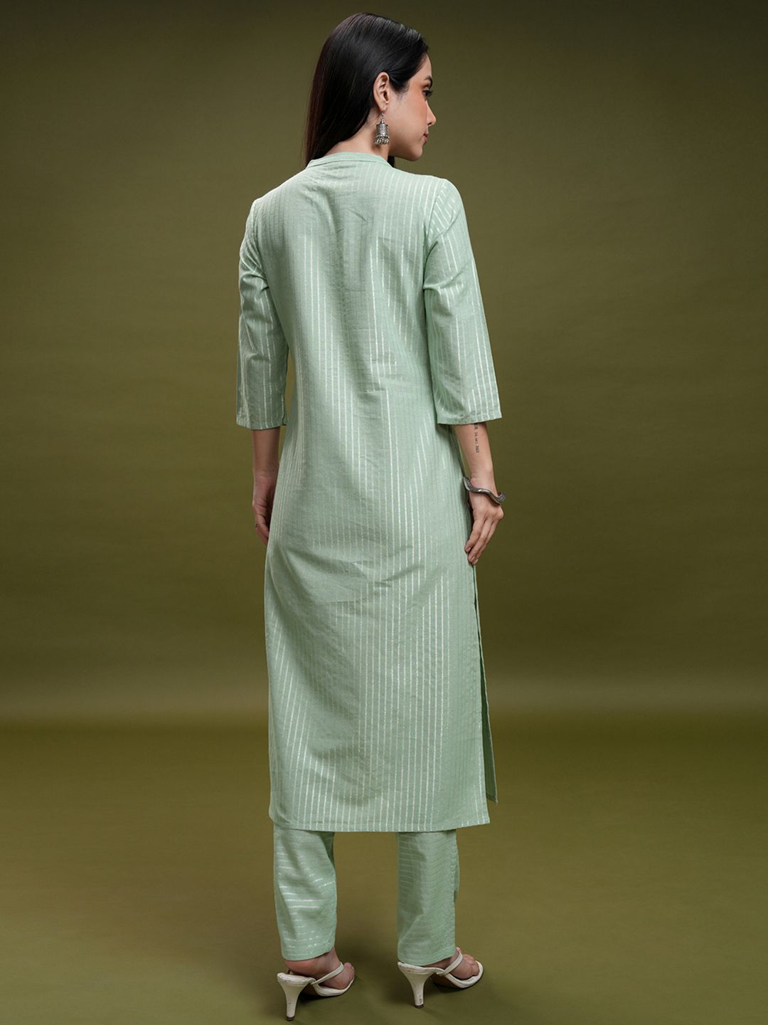 Vishudh Green Striped Mandarin Collar Pure Cotton Straight Kurta With Trousers