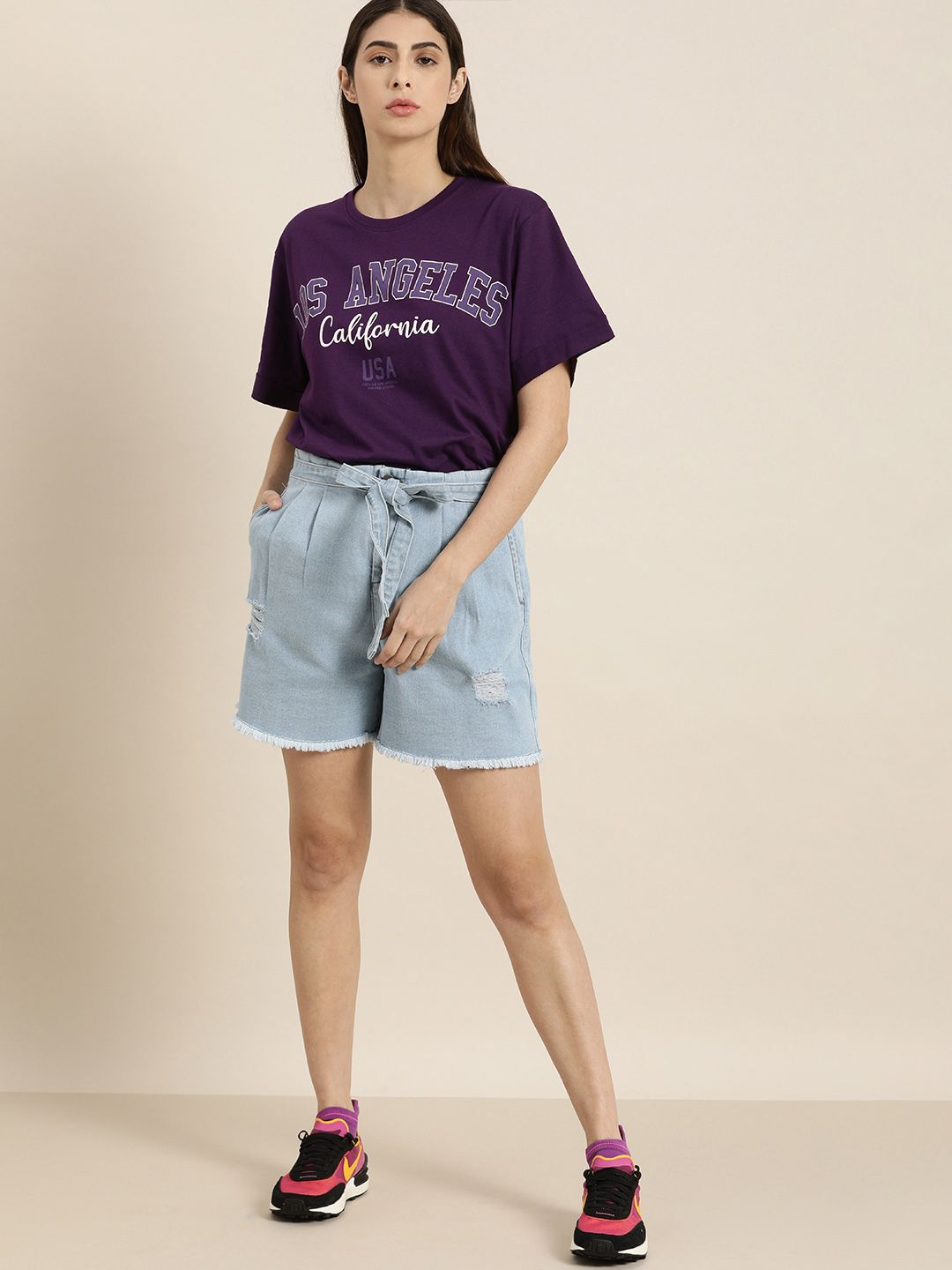 DILLINGER Women Purple Typography Printed Drop-Shoulder Sleeves Oversized Pure Cotton T-shirt