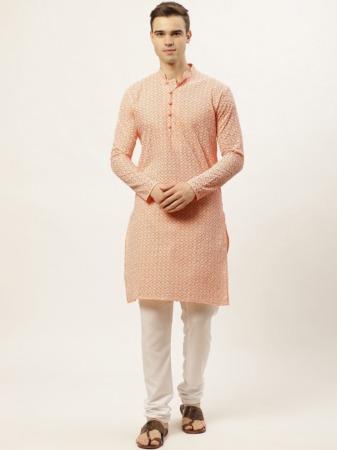 Jompers Men Orange Pure Cotton Floral Embroidered Straight Kurta