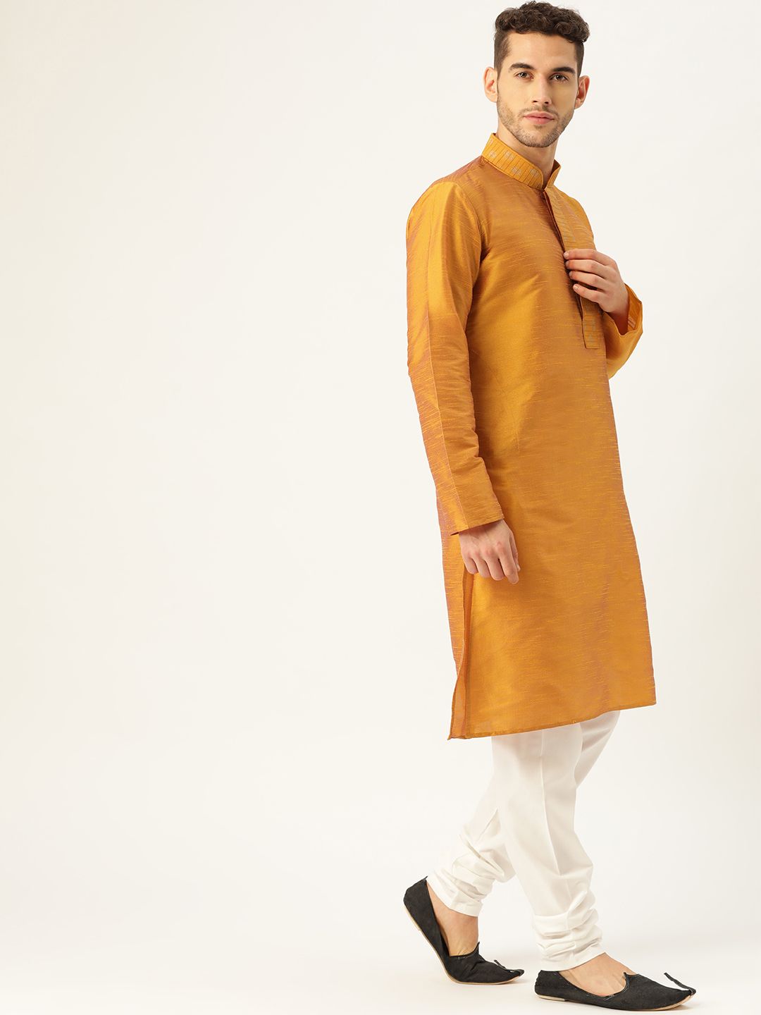 SOJANYA Men Mustard Yellow Solid Straight Kurta With Sheen Effect