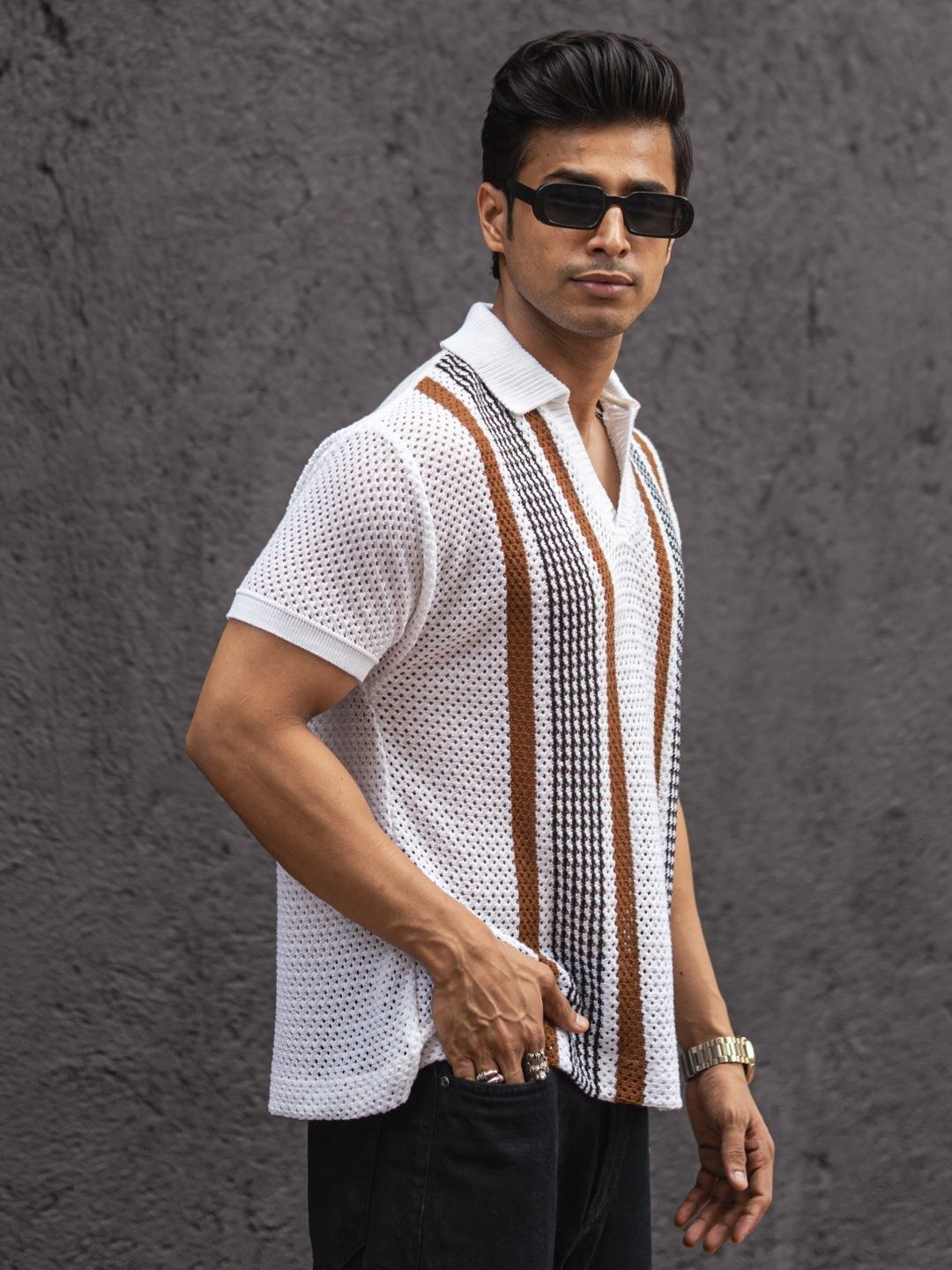 Powerlook Men Solid Striped Polo Collar Polyester T-Shirt
