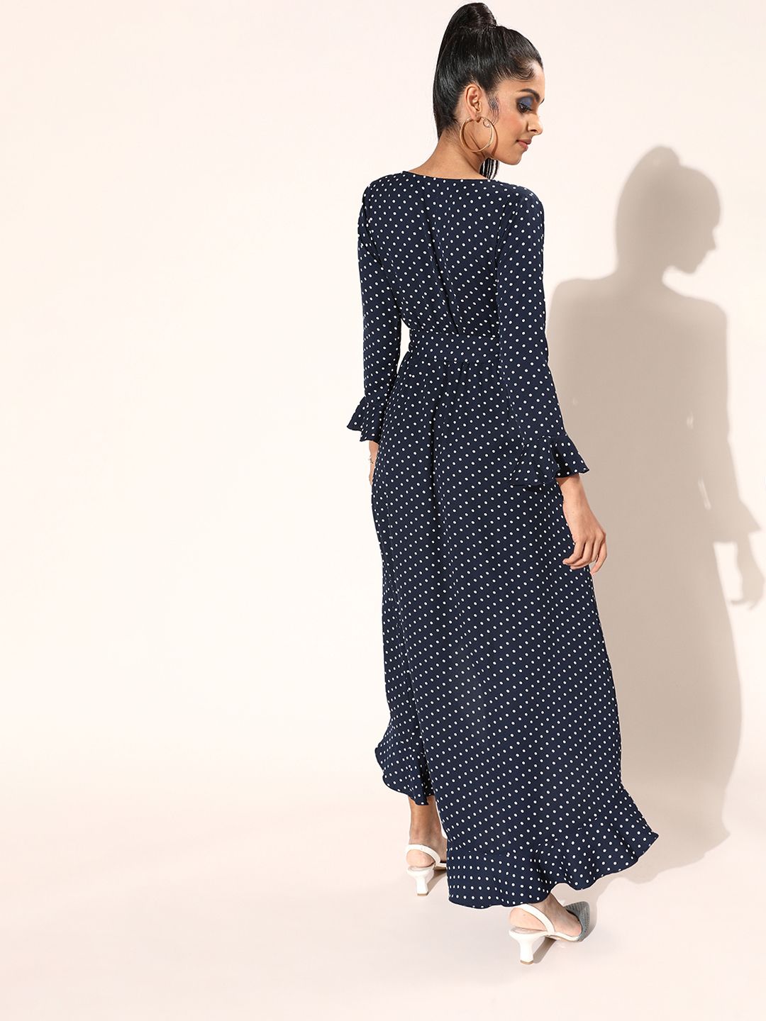Berrylush Navy Blue & White Polka Dot Print Maxi Wrap Dress