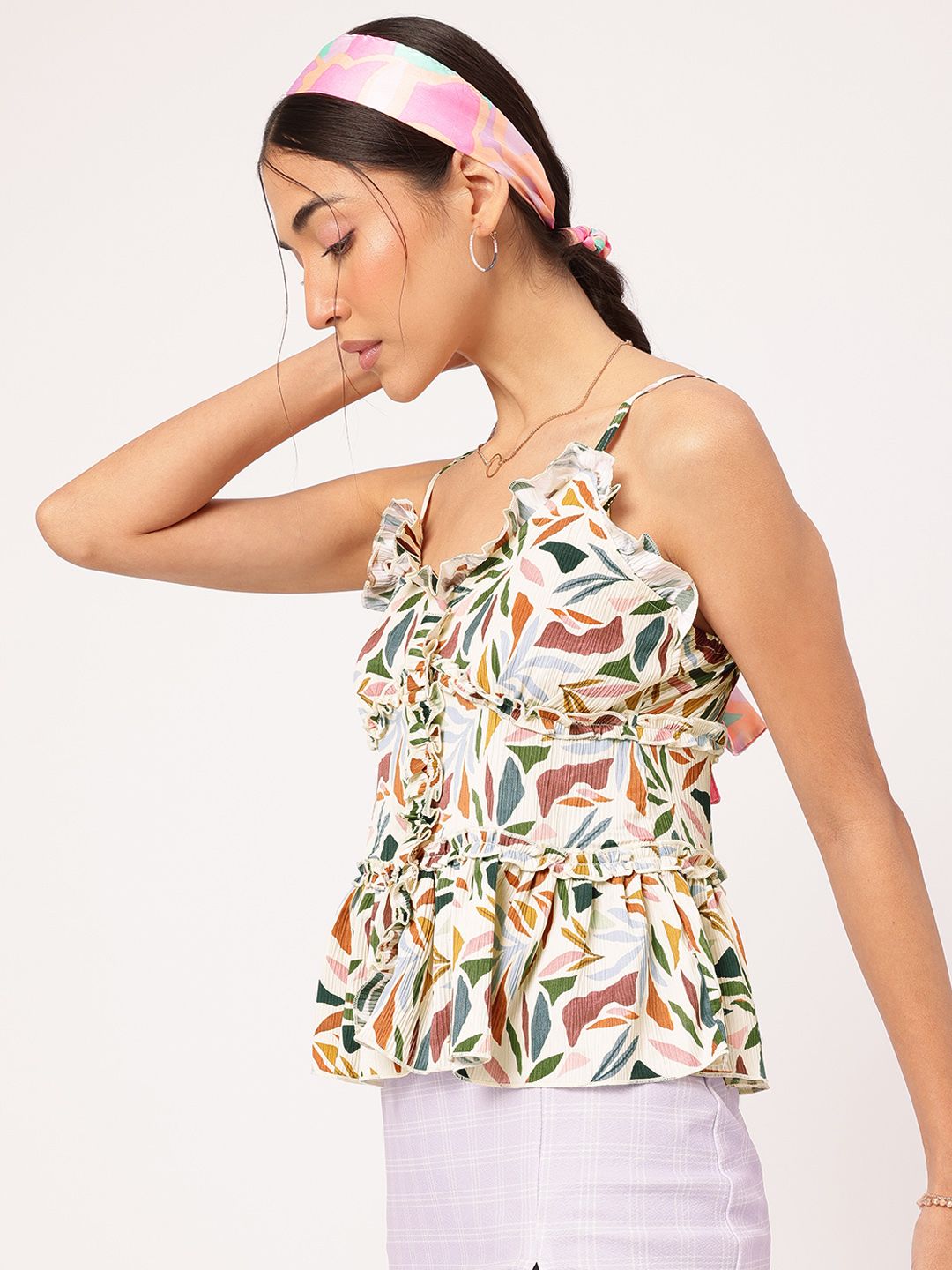DressBerry Radiant Ruffles Crinkled Strappy Printed Tiered Top