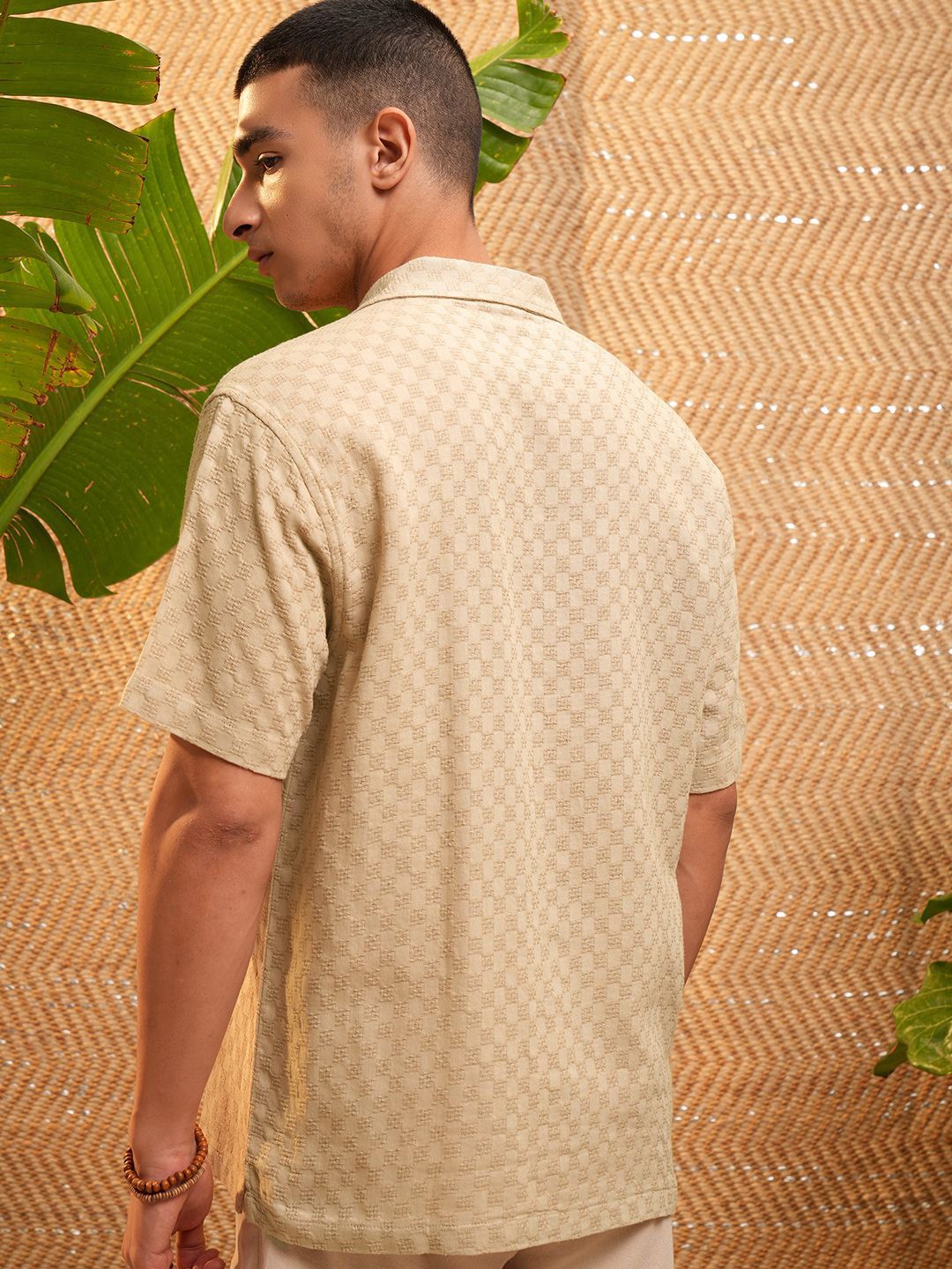 HIGHLANDER Men Dobby Textured Solid Cuban Collar Relaxed Shirt