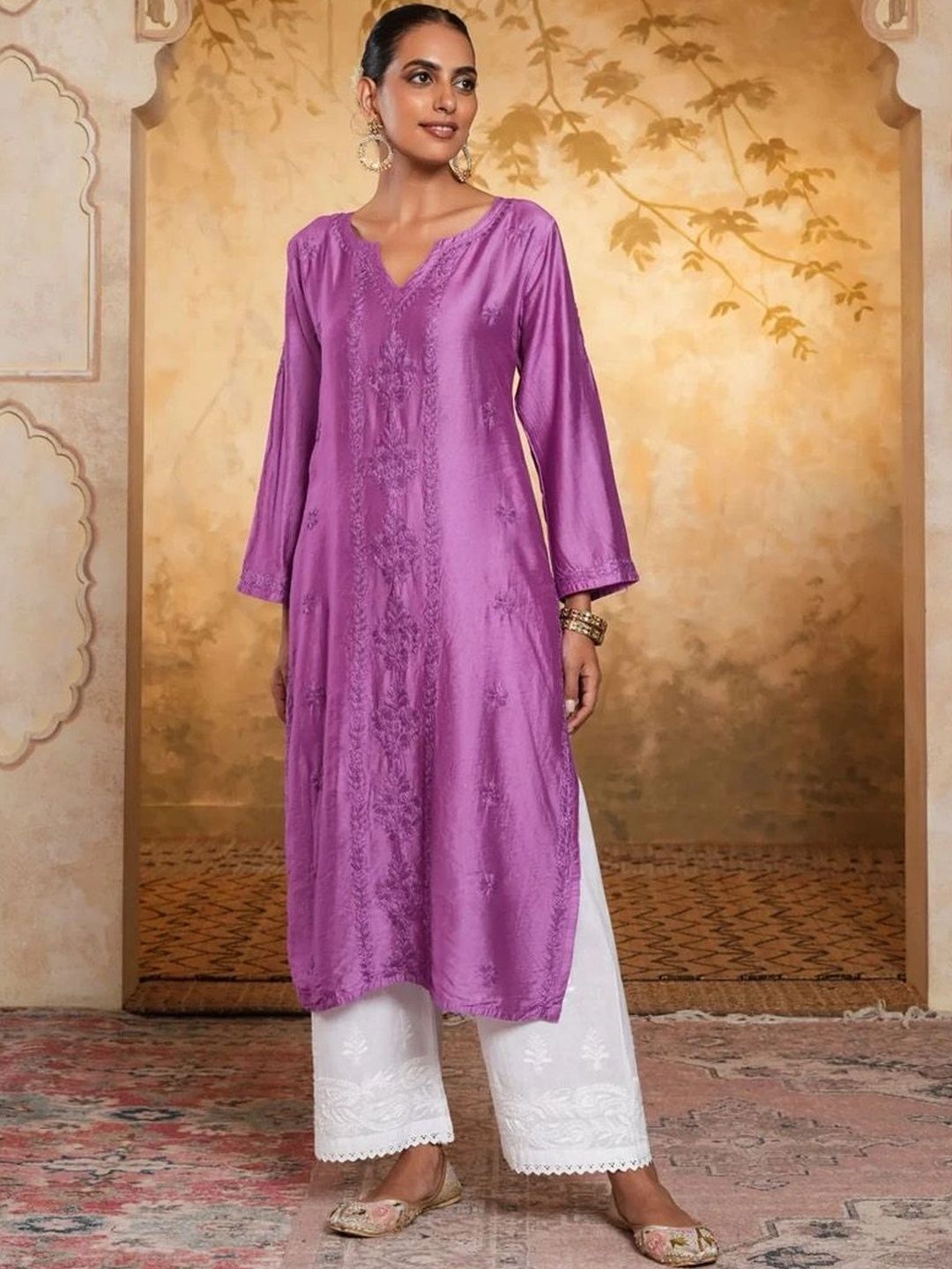 House of Chikankari Women Embroidered Thread Work Chanderi Silk Kurta