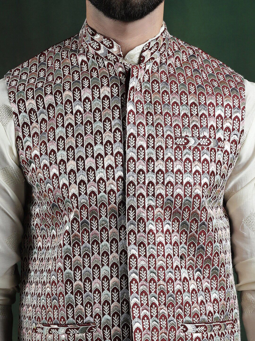 SOJANYA Jaket Nehru Tenunan Geometri Lelaki