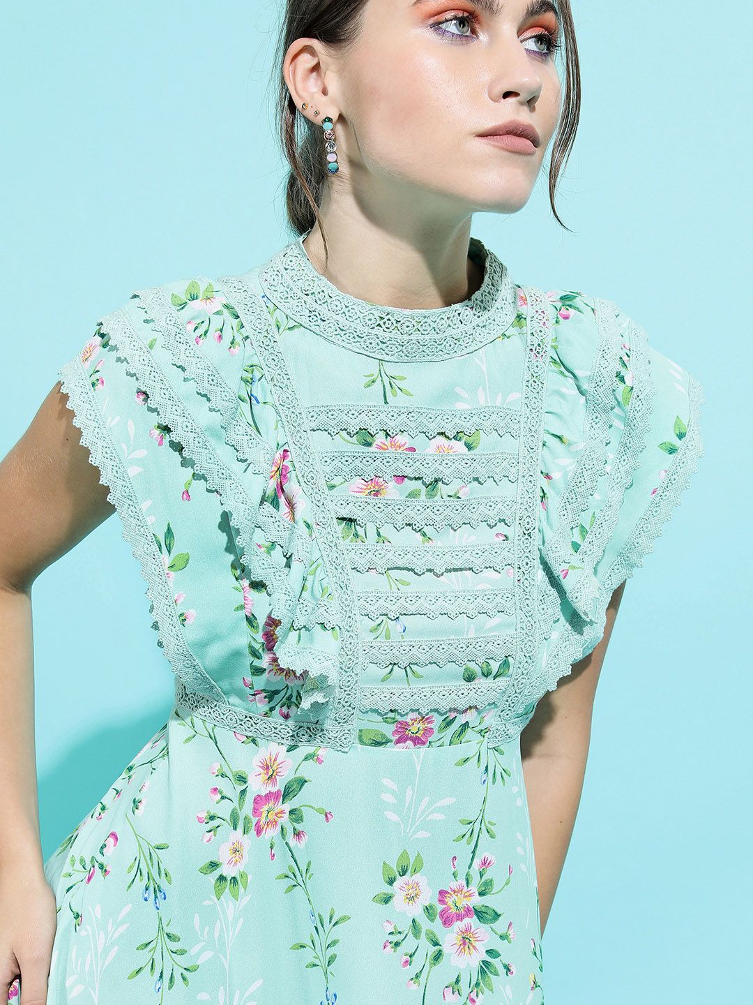 Tokyo Talkies Women Alluring Turquoise Blue Floral Dress