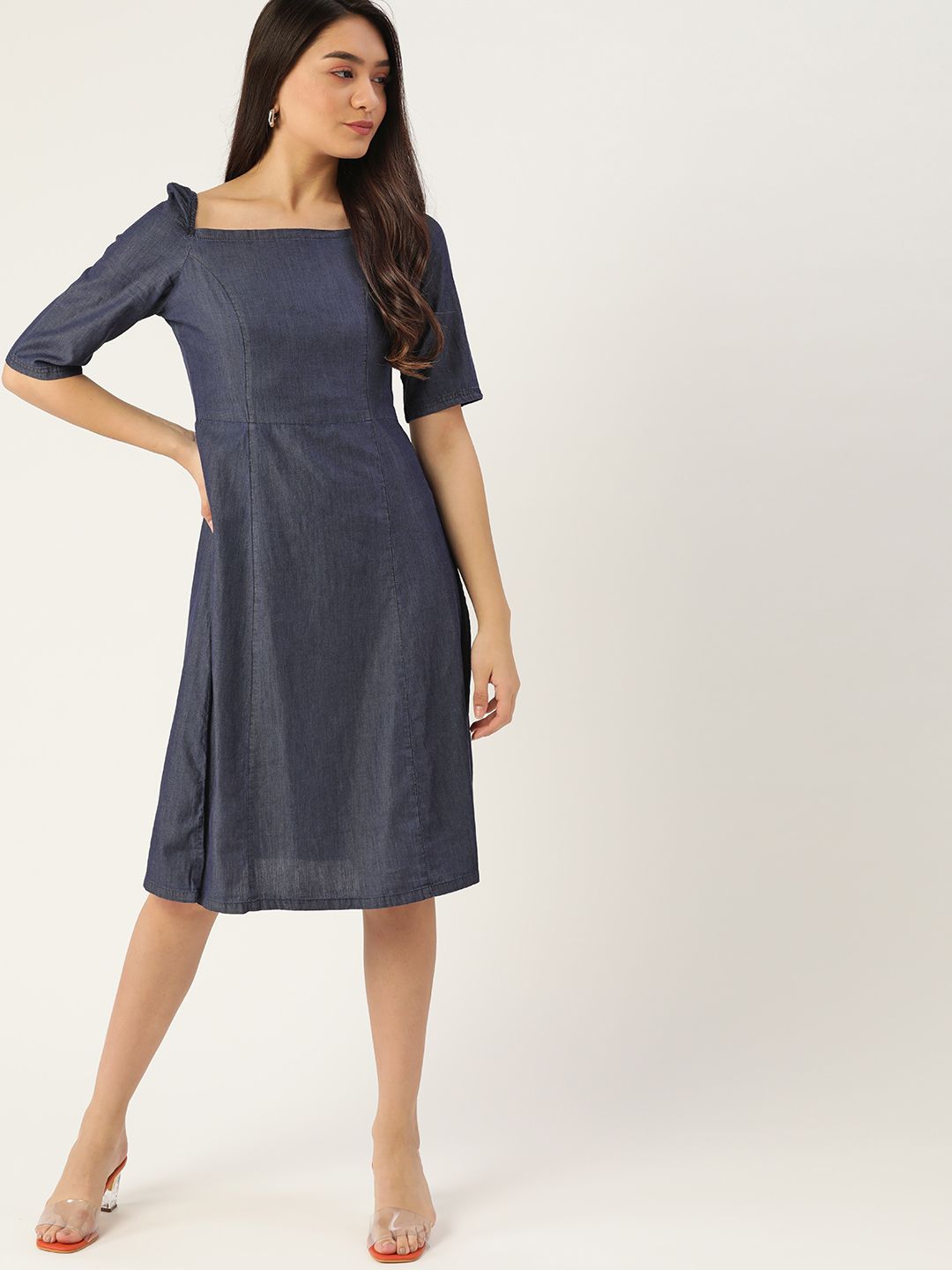 DressBerry Navy Blue Pure Cotton Chambray A-Line Dress