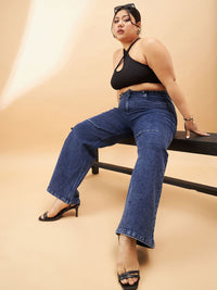 SASSAFRAS Curve Women Plus Size Comfort High-Rise Slash Knee Stretchable Jeans