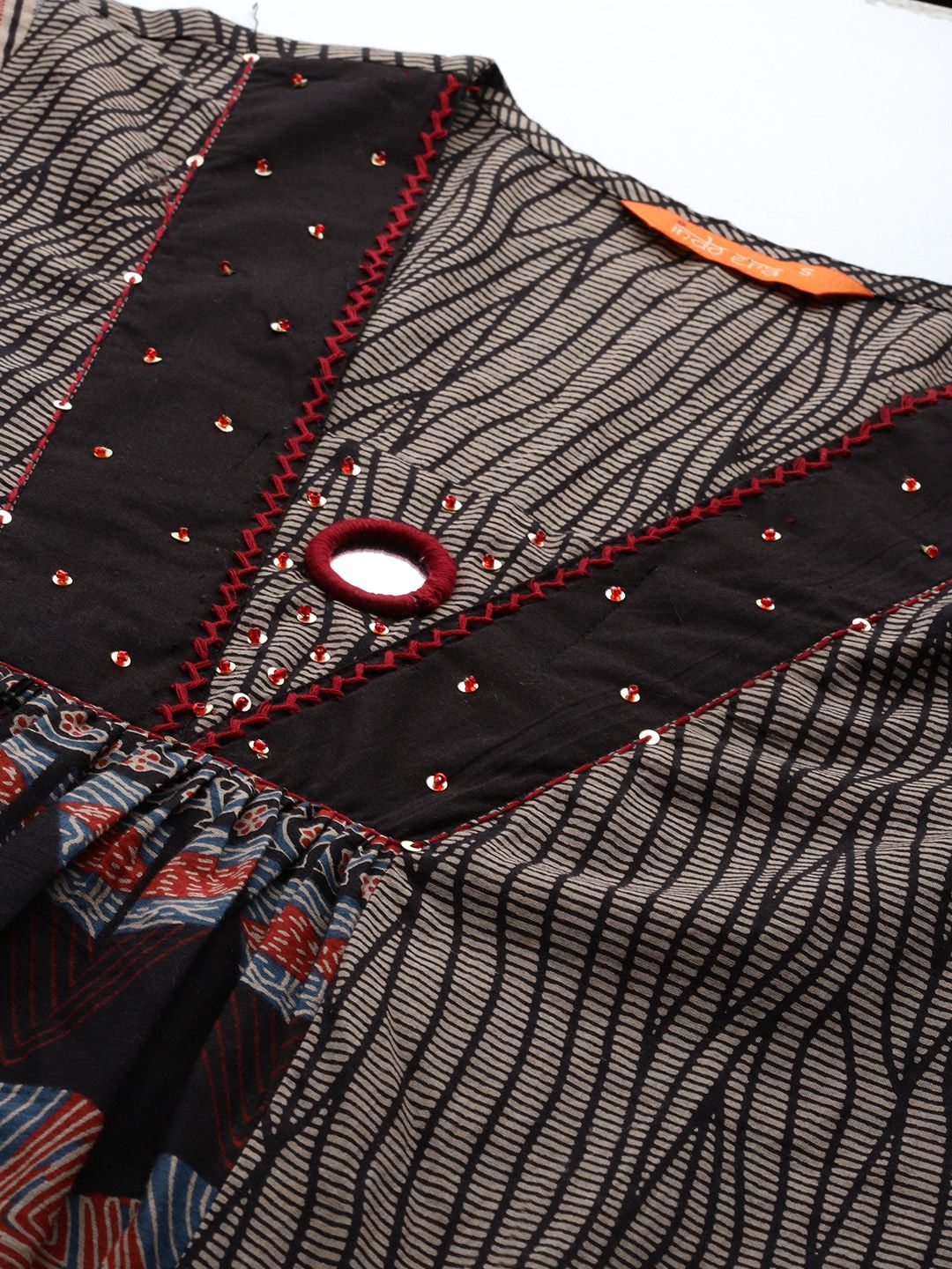Indo Era Printed Panelled Sequinned Pure Cotton A-Line Kurta with Trousers