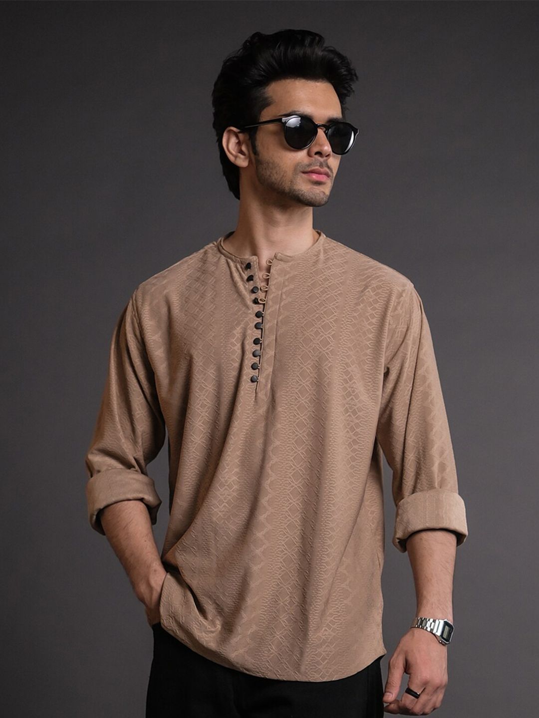 Powerlook Brown Self Design Half Placket Casual Shirt