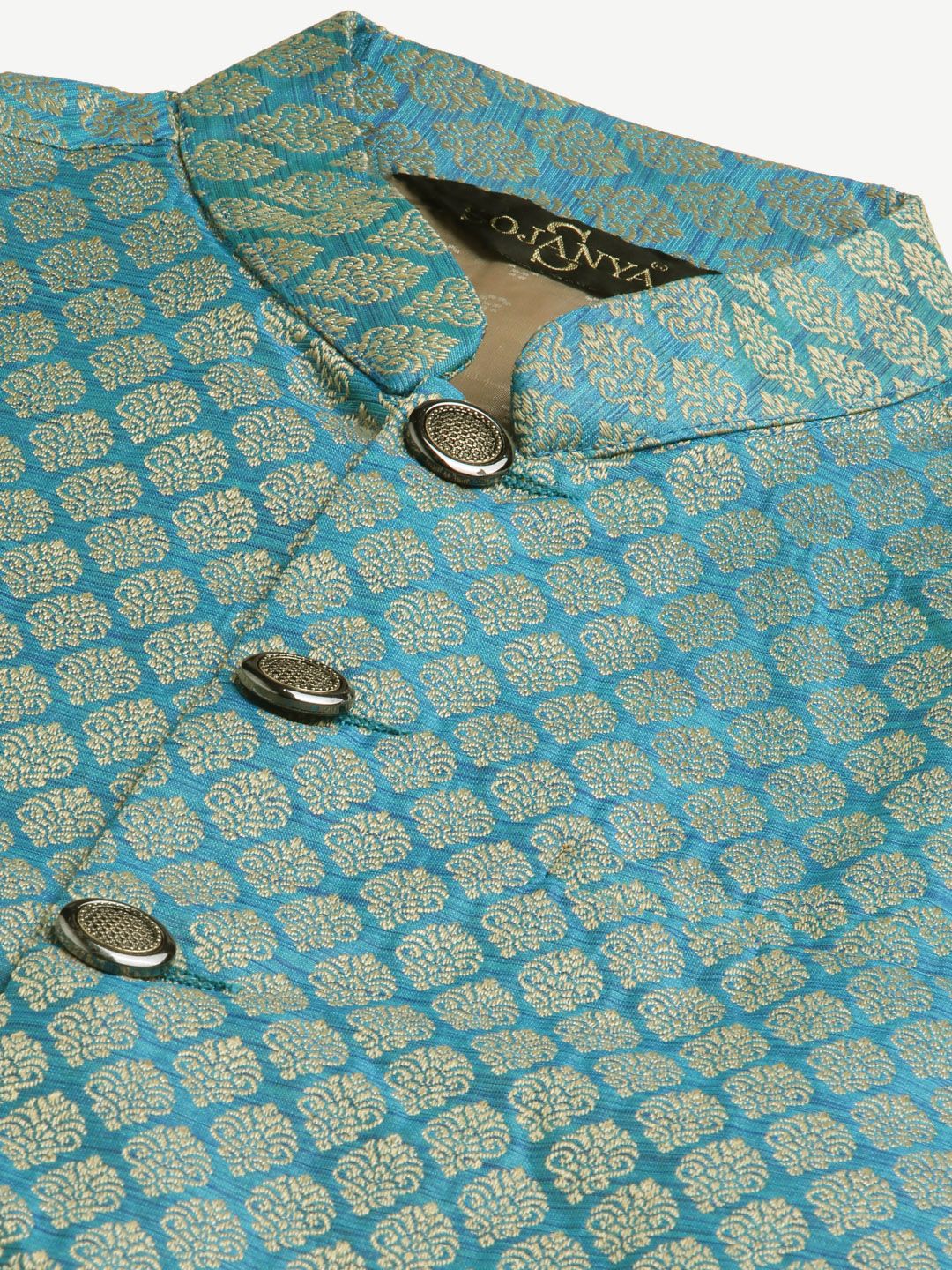 SOJANYA Kurta Tenun Jacquard Lelaki Hijau & Putih Putih dengan Jaket Churidar & Nehru