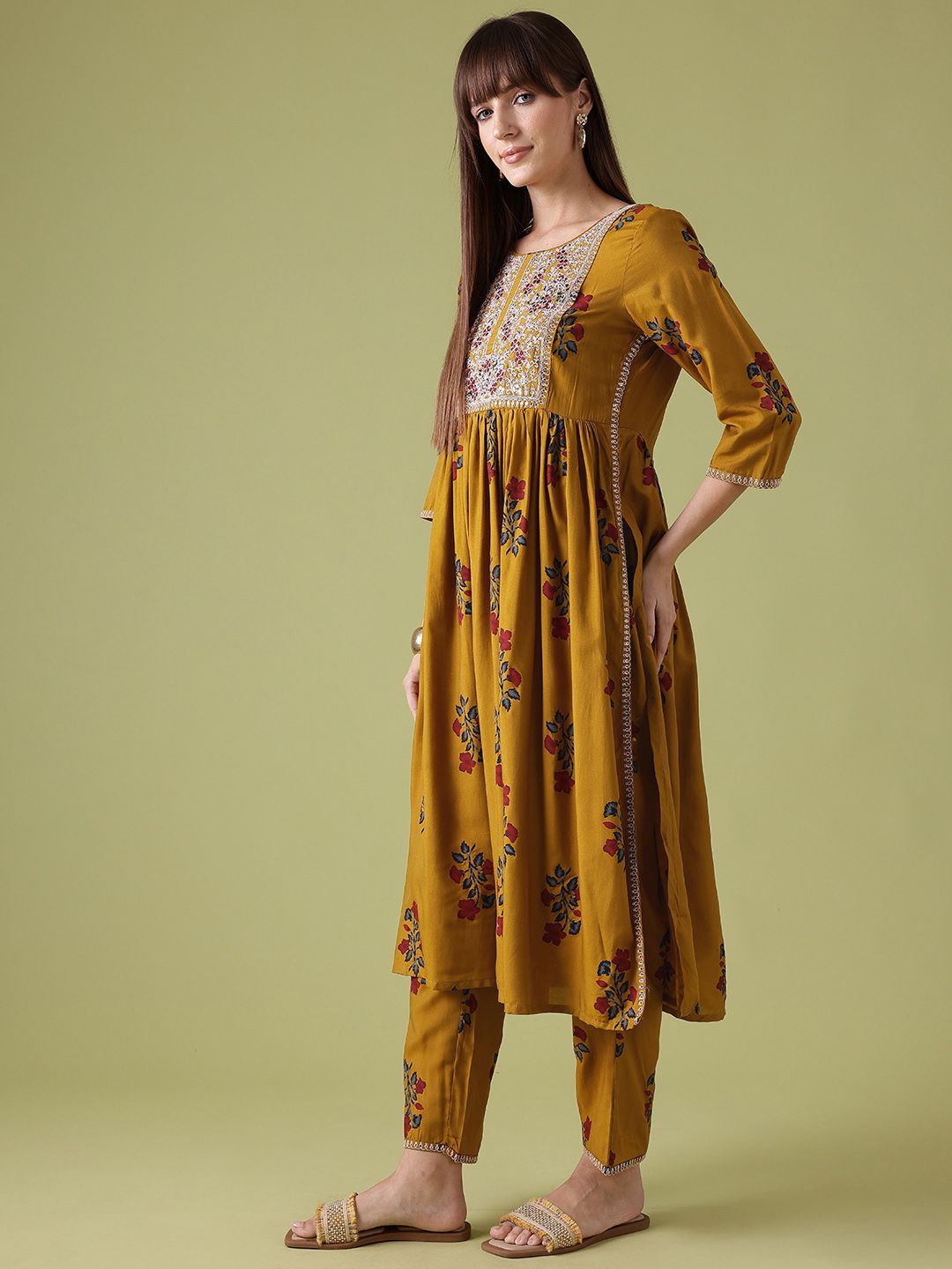 Anouk Floral Print Pleated Thread-Work Kurta with Trousers