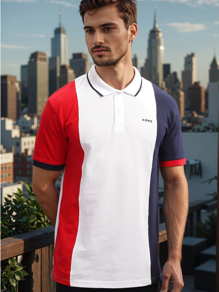 ADRO Colourblocked Polo Collar Lengan Pendek Kapas Tulen T-shirt Biasa