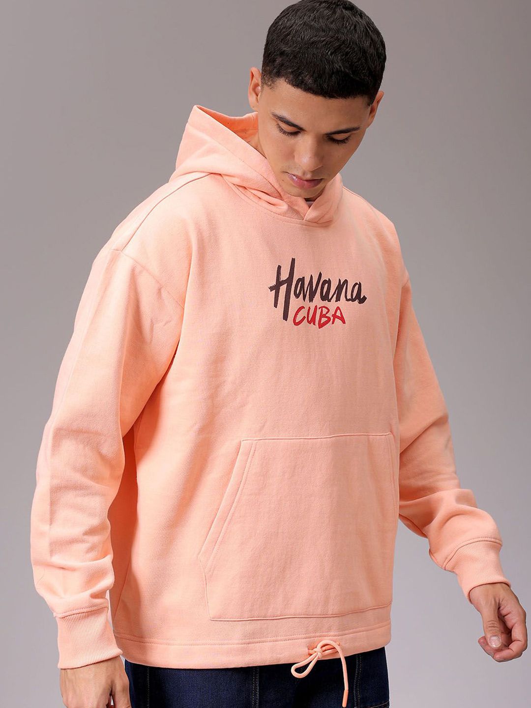 The Indian Garage Co Men Peach Printed Long Sleeves Pullover Hooded Neck Sweatshirt
