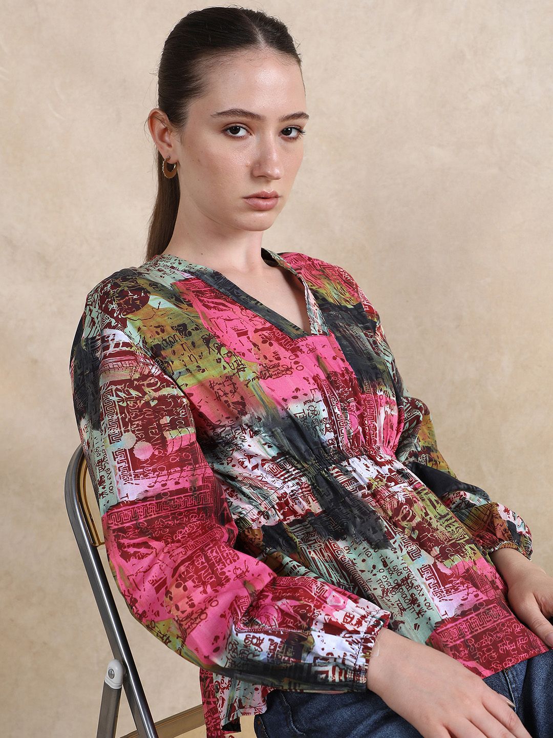 Rareism Women Abstract Abstract dicetak lengan lengan atas kapas