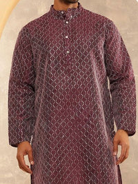 Anouk Geometric Embroidered Band Collar Thread Work Straight Cotton Silk Kurta