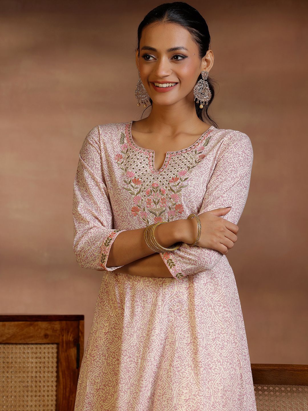 Libas Floral Printed Panelled Pure Cotton Anarkali Kurta with Trousers
