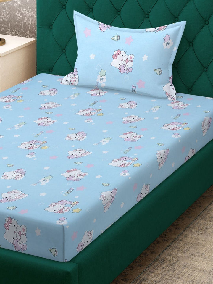 Myntra Elegant Homes Blue Cartoon Characters Pure Cotton 400 TC Fitted Single Superfine Bedsheet with a Pillow Cover-89 x 59 inches