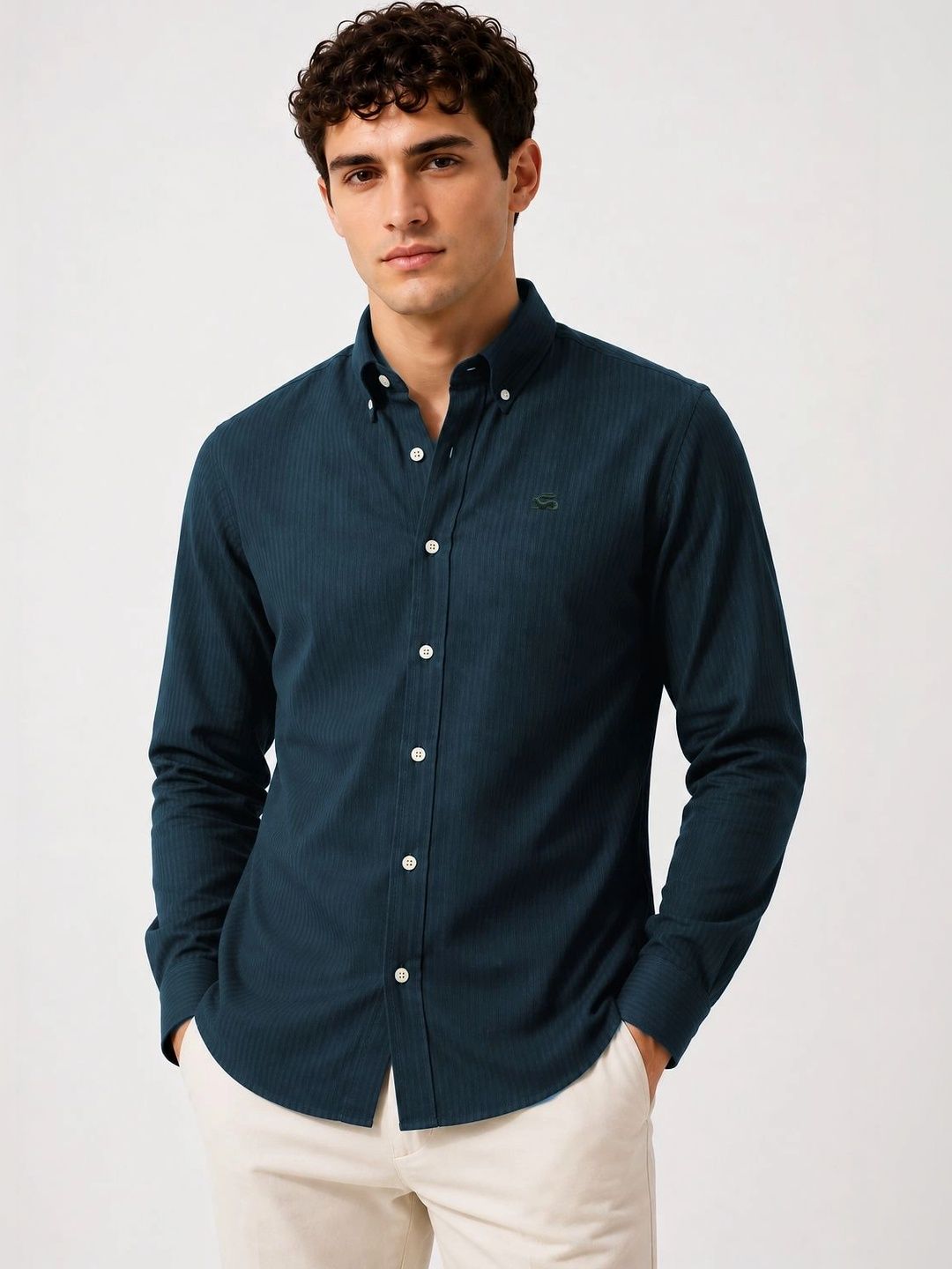 ADRO Men Teal Blue Striped Regular Fit Casual Cotton Shirt
