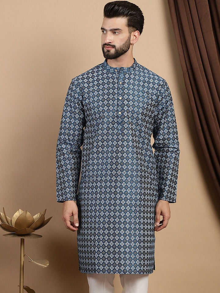 Kurta Kolar Mandarin Bercetak Anouk Teal Biru Geometrik