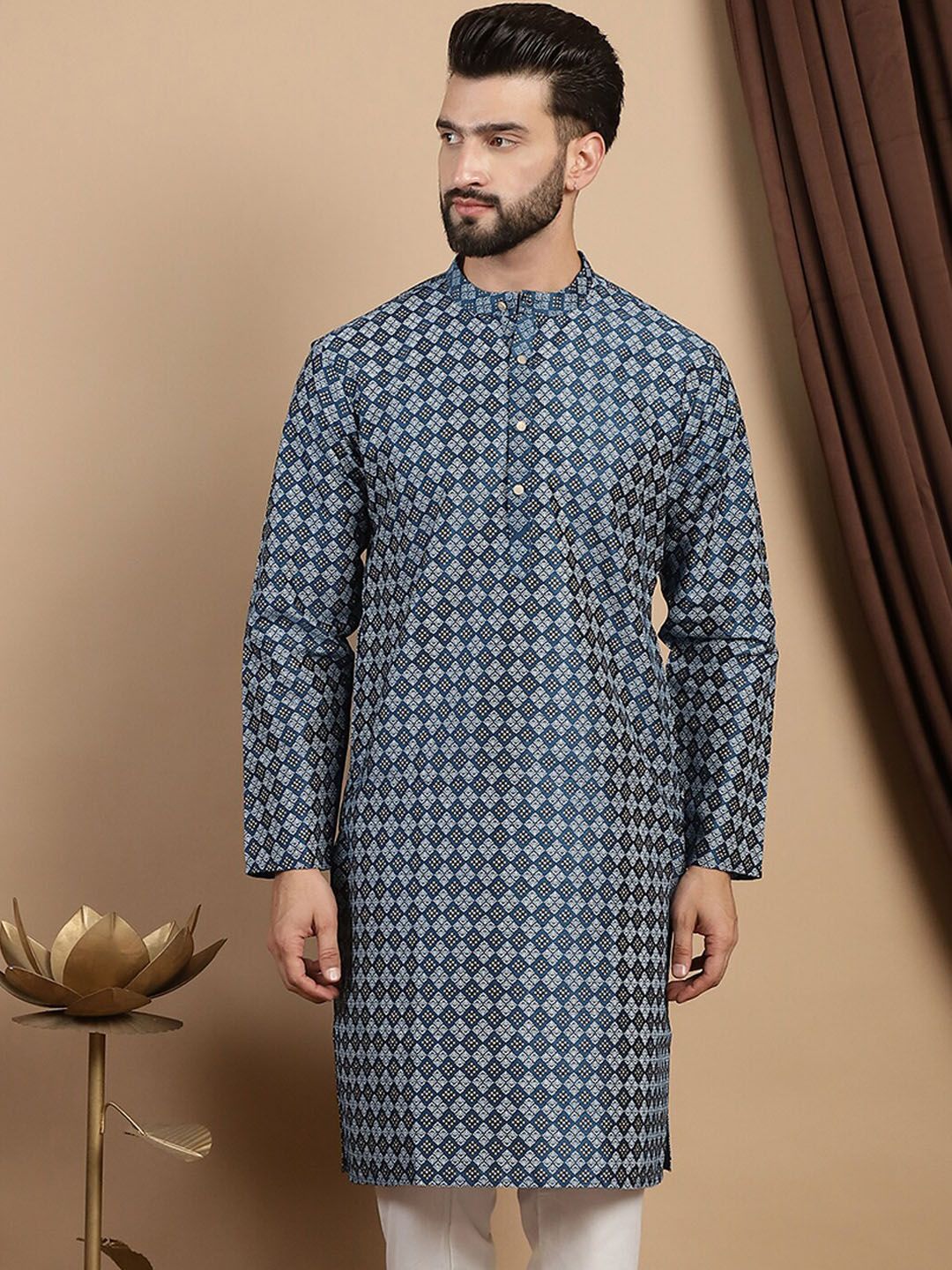 Kurta Kolar Mandarin Bercetak Anouk Teal Biru Geometrik