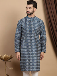 Kurta Kolar Mandarin Bercetak Anouk Teal Biru Geometrik