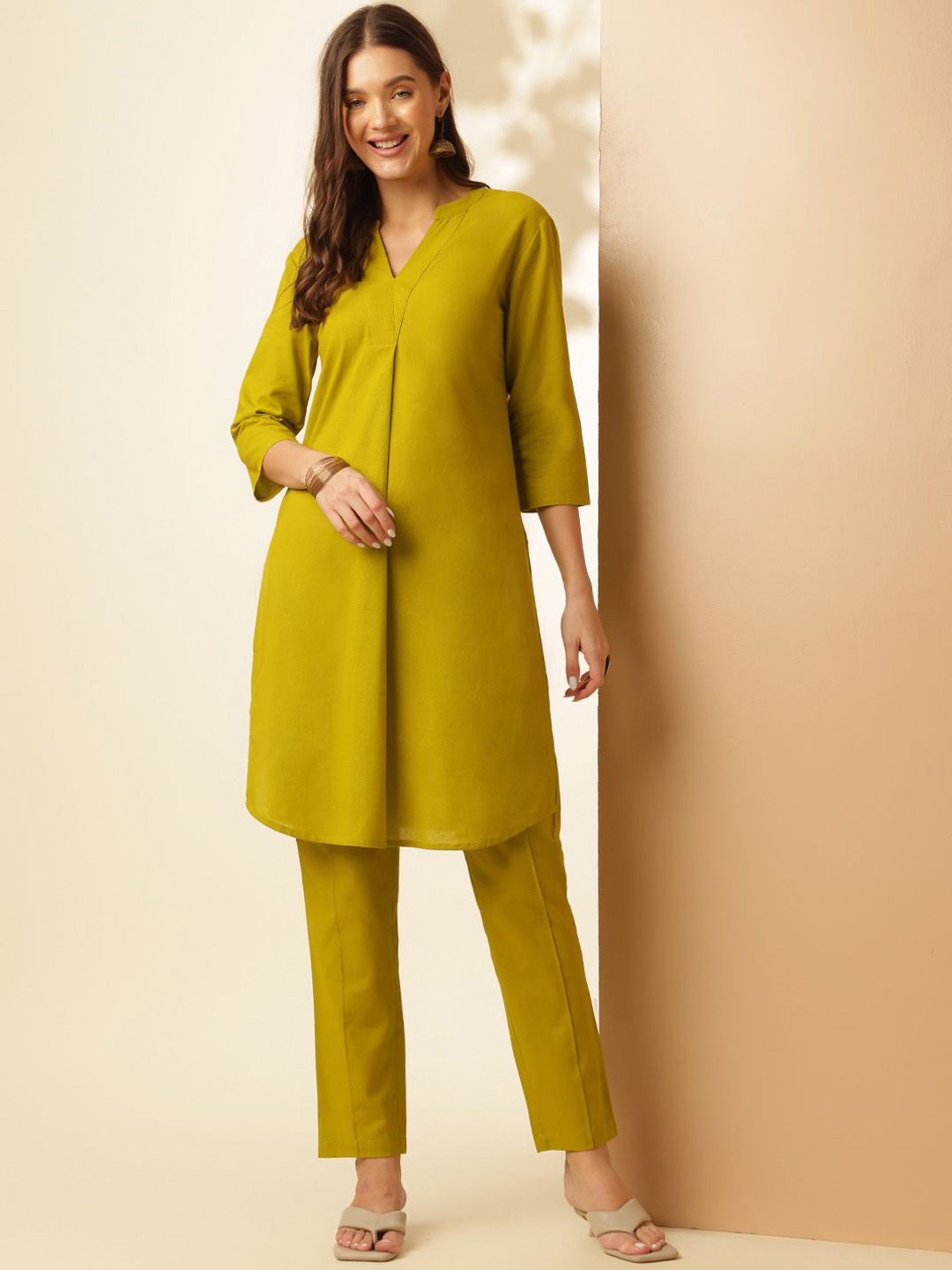 Anouk Pure Cotton Pleated Straight Kurta & Trouser