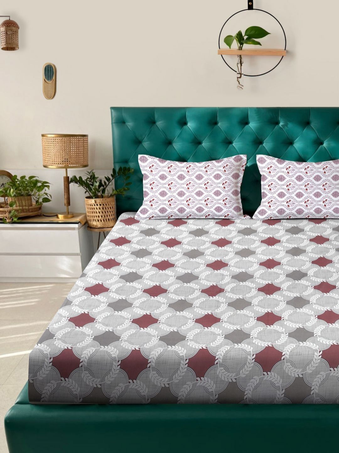 KLOTTHE Grey Geometric Flat 400TC Pure Cotton Double King Bedsheet with 2 Pillow Cover