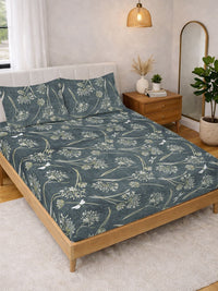 KLOTTHE Green Floral  Printed 300 TC Double Bedsheet with 2 Pillow Covers