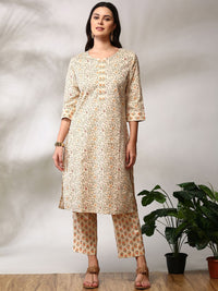 Anouk Floral Printed Regular Pure Cotton Straight Kurta with Trousers