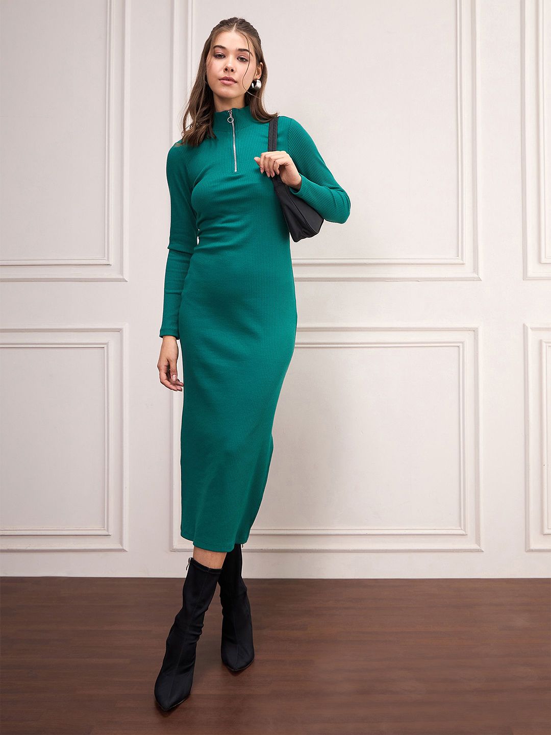 SASSAFRAS High Neck Front Zipper Sheath Midi Dress