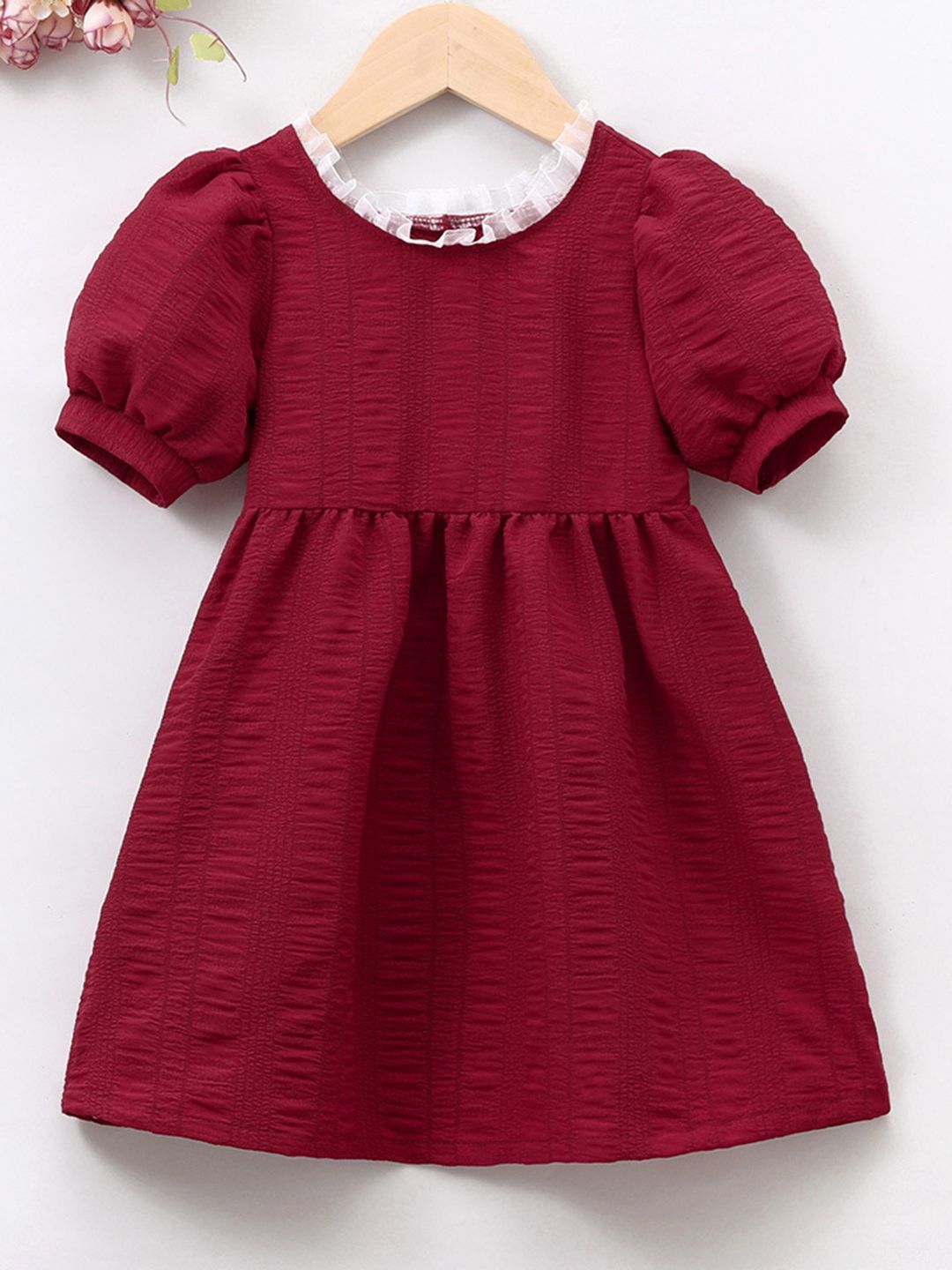 YK Girls Puff Sleeves Fit & Flare Dress