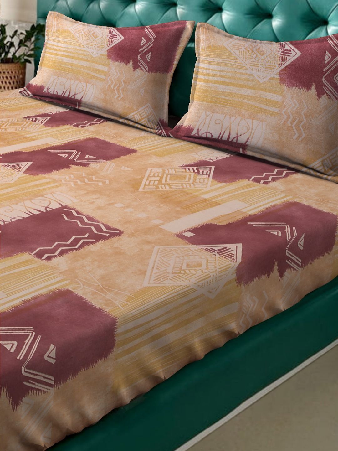 Myntra Elegant Homes Beige Geometric Pure Cotton 400 TC Fitted King Superfine Bedsheet dengan 2 Sarung Bantal-89 x 98 inci