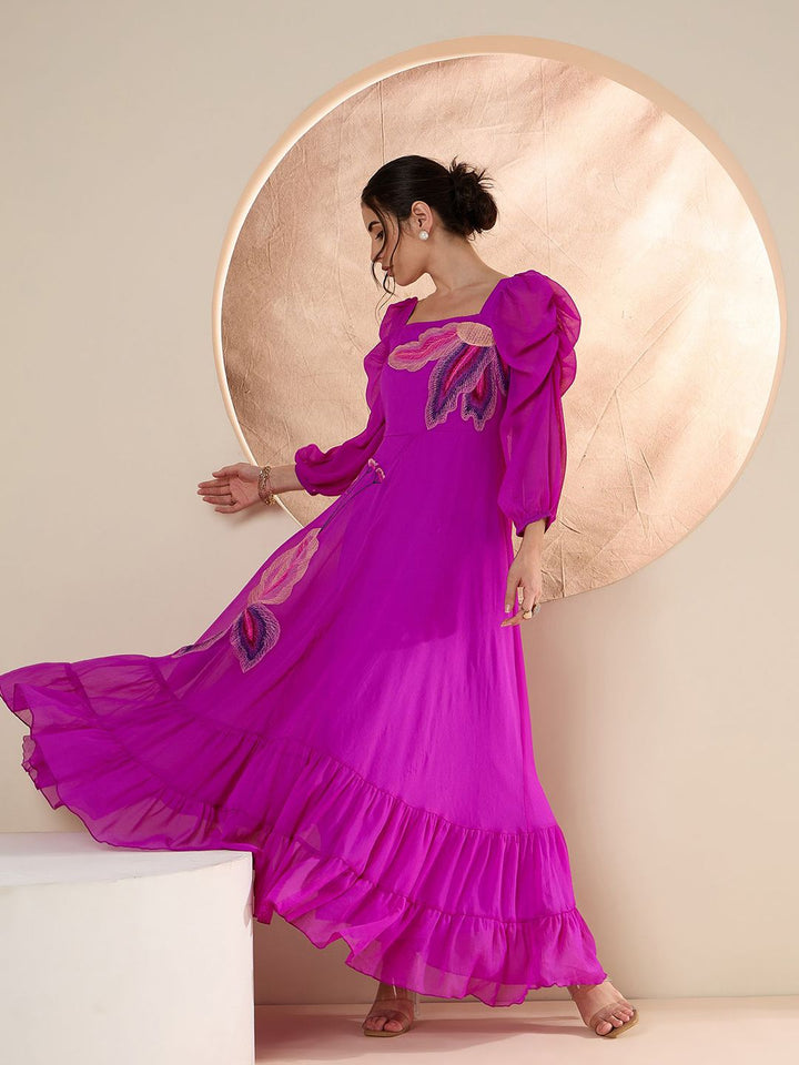Antheaa Puff Sleeve Chiffon Emberoidered Maxi Dress