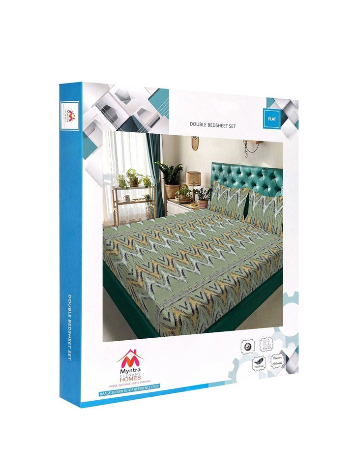 Myntra Elegant Homes Green Geometric 300 TC King Double Bedsheet with 2 Pillow Covers