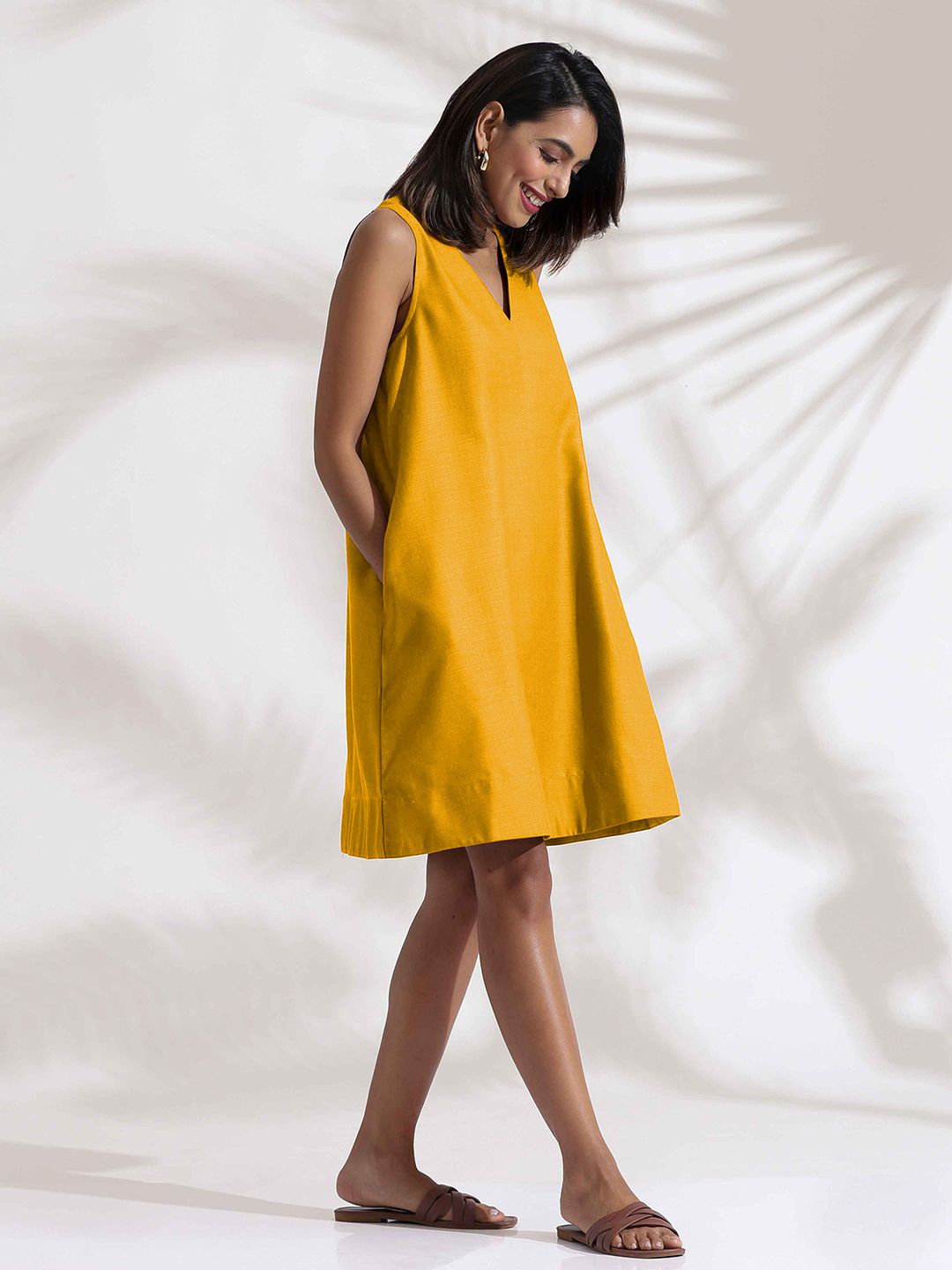 trueBrowns Women A-Line Mustard Cotton Blend Short Dress