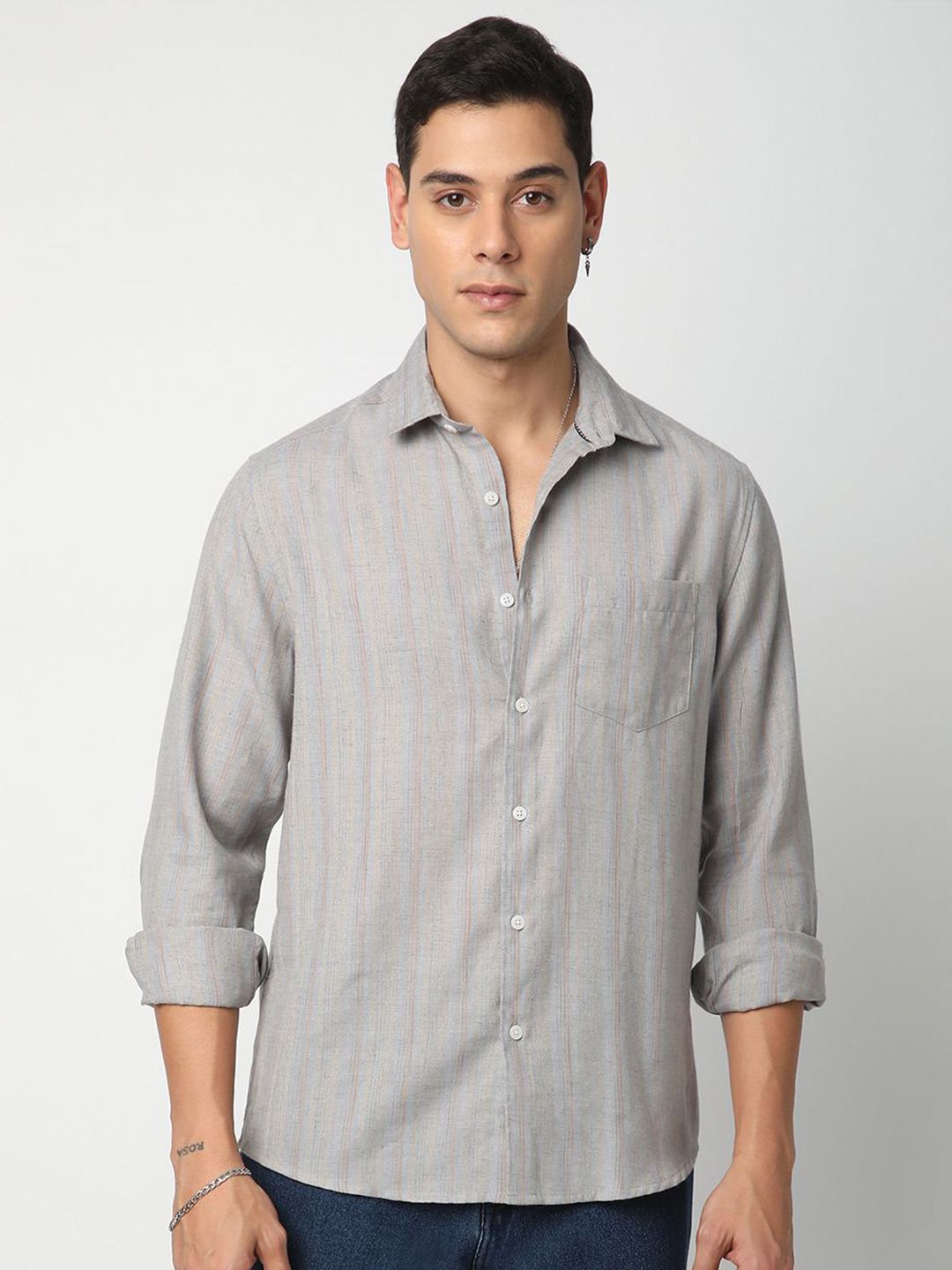 VASTRADO Men Classic Cutaway Collar Multi Striped Cotton Slim Fit Casual Shirt